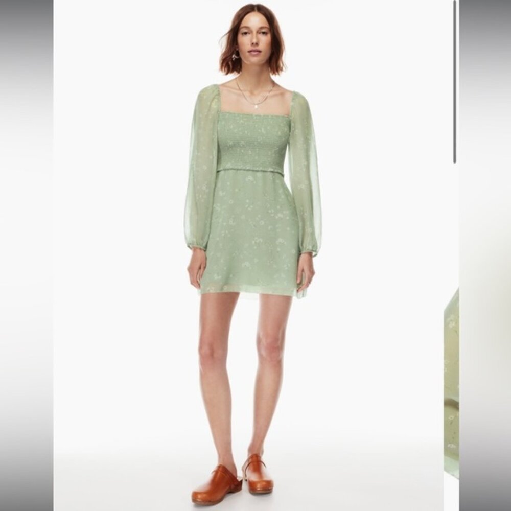 Aritzia Wilfred Villa Smocked Chiffon Green Pink Floral Mini Dress XXS